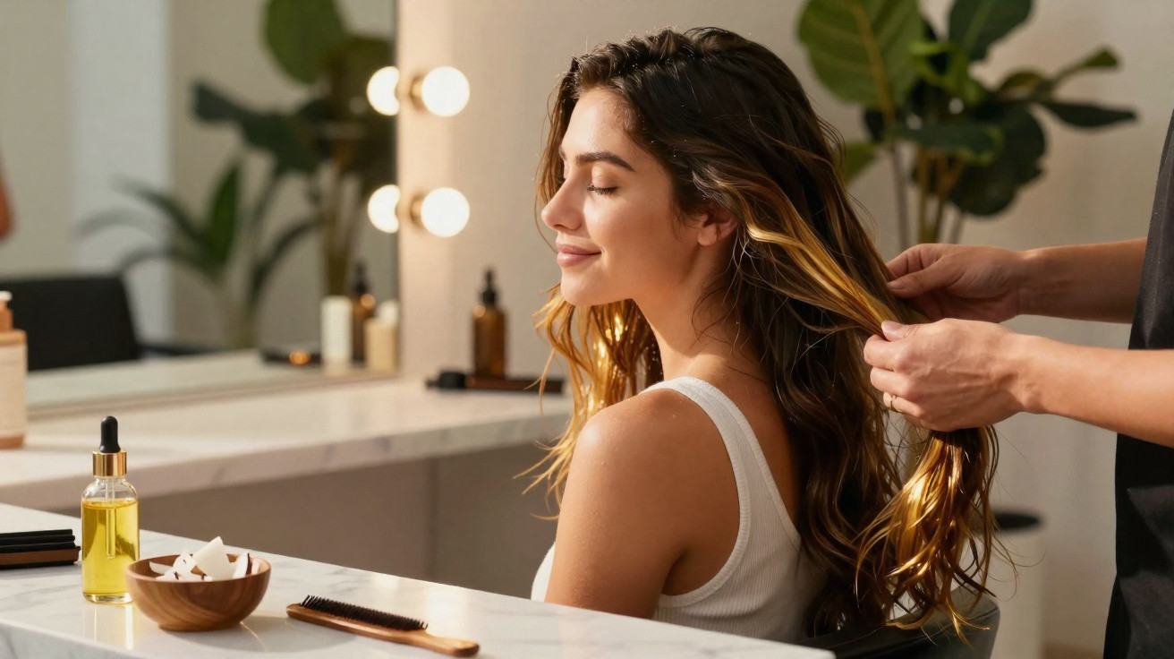 Mulher sorrindo sentada em salão enquanto profissional penteia seu cabelo longo e ondulado.