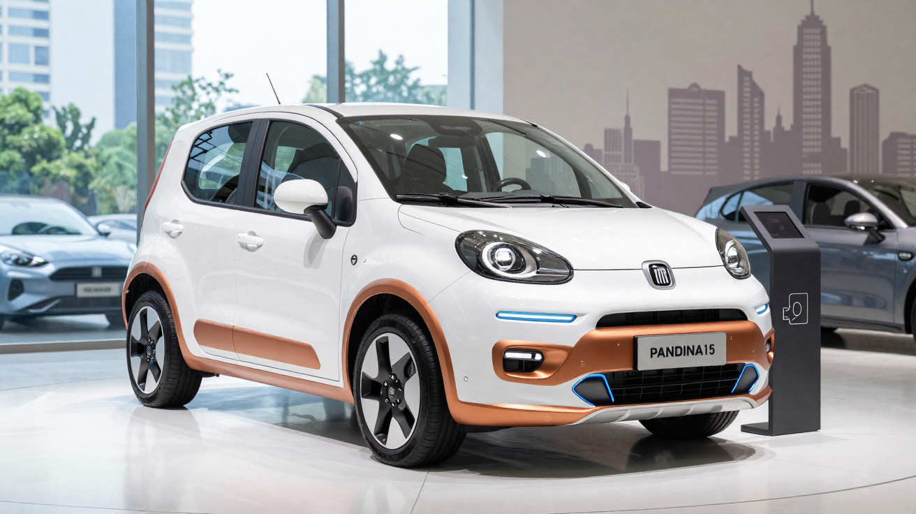 Carro elétrico branco com detalhes em cobre exposto em showroom moderno com outros veículos ao fundo.