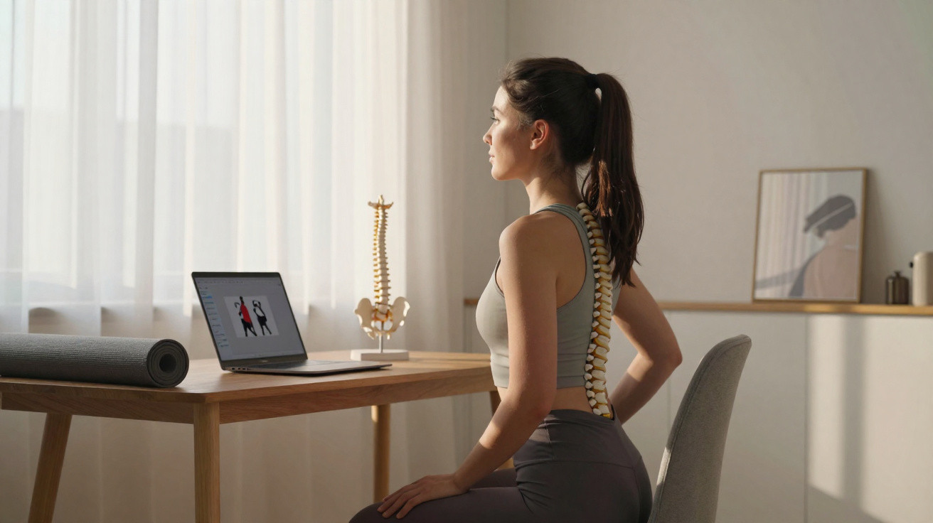 Mulher sentada na cadeira fazendo exercícios de postura na frente de um laptop, com modelo de coluna ao lado.