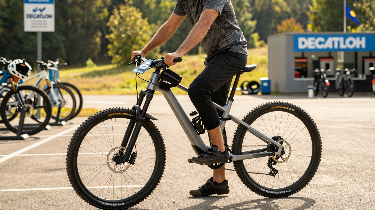 Homem de camiseta cinza e calça preta parado em bicicleta elétrica cinza em estacionamento ao ar livre.