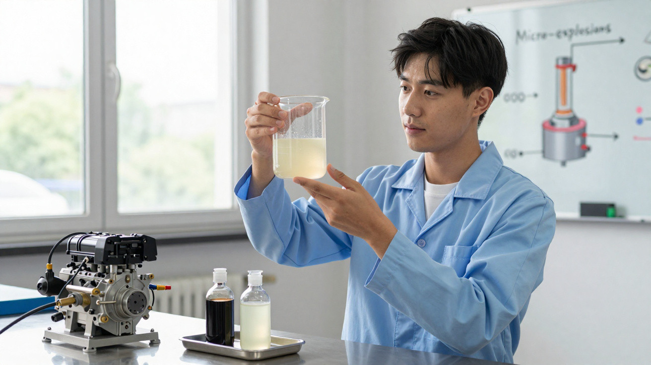 Homem com jaleco azul analisando líquido em copo medidor dentro de laboratório moderno.
