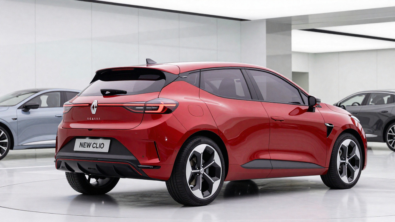 Carro hatchback vermelho Renault New Clio em showroom moderno com piso branco e outras trêscarros estacionados.