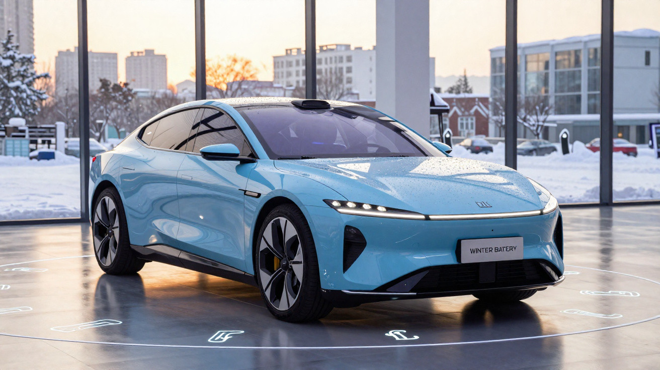 Carro elétrico azul claro exposto em showroom com neve e prédios visíveis ao fundo.