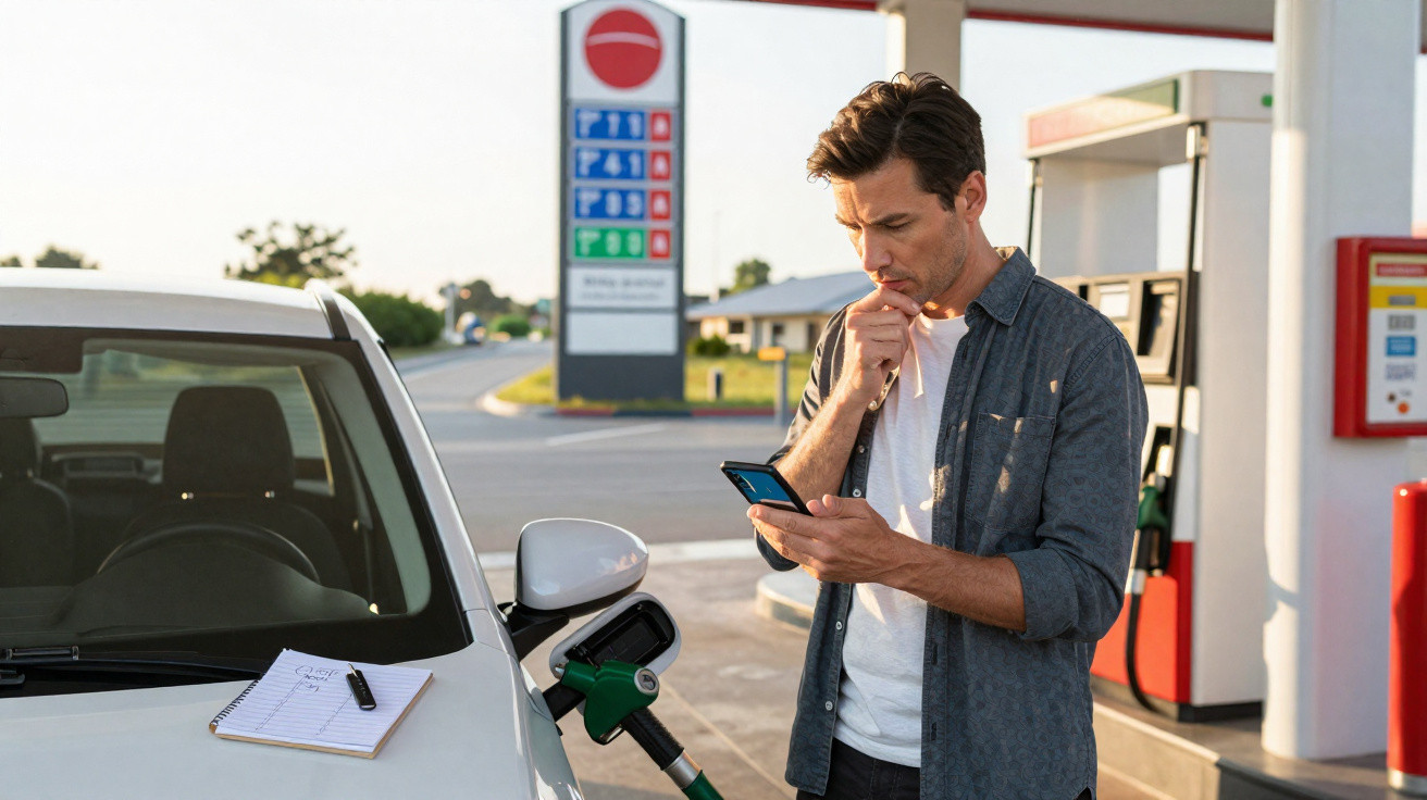 Homem usando celular em posto de gasolina abastecendo carro branco com caderno sobre o capô.