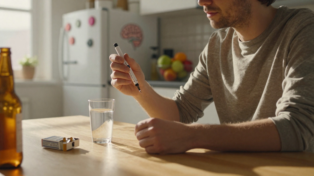 Homem segurando caneta sentado à mesa com copo d'água, maço de cigarro e garrafa na cozinha.