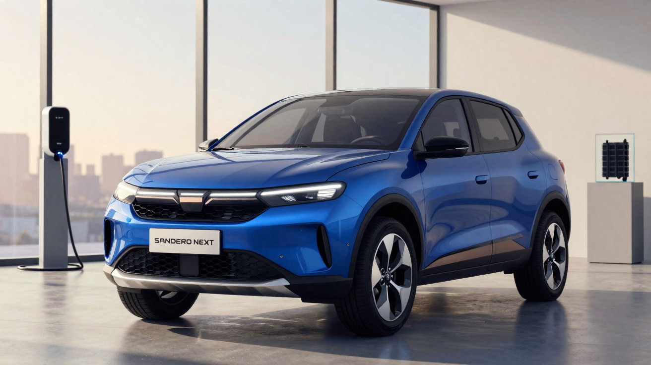 Carro elétrico azul modelo Sandero Next estacionado em ambiente interno com estação de recarga ao fundo.