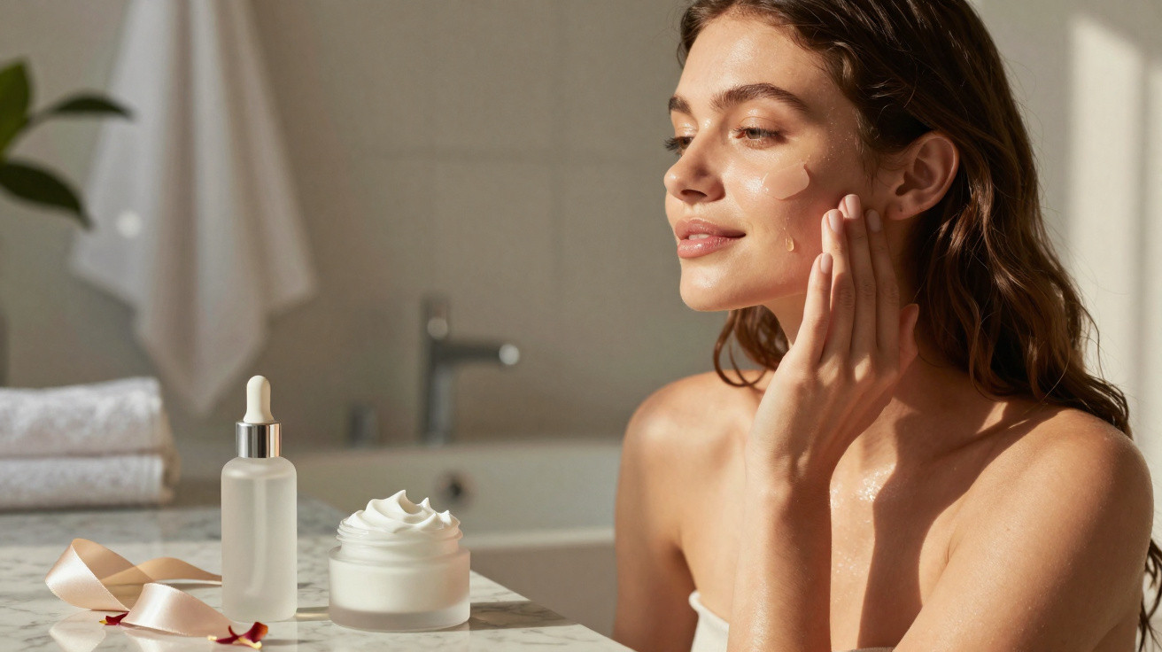 Mulher aplicando creme hidratante no rosto em banheiro com frascos de cosméticos na bancada.