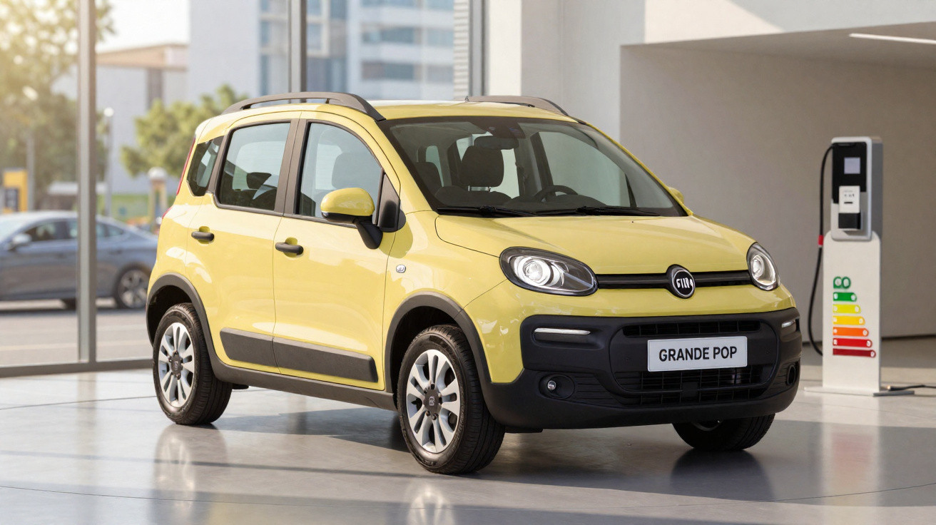 Carro compacto amarelo Fiat Grande Pop estacionado em ambiente interno iluminado por luz natural.