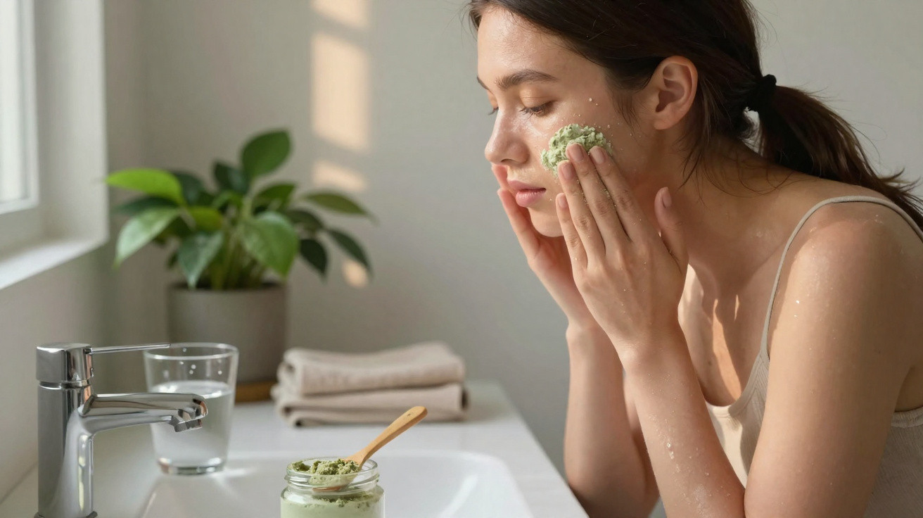Mulher aplicando esfoliante facial verde no rosto em ambiente iluminado e com planta ao fundo.