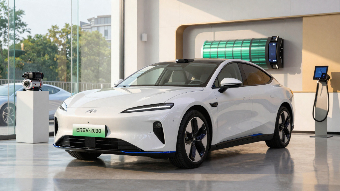 Carro elétrico branco estacionado em interior moderno com estação de recarga na parede.