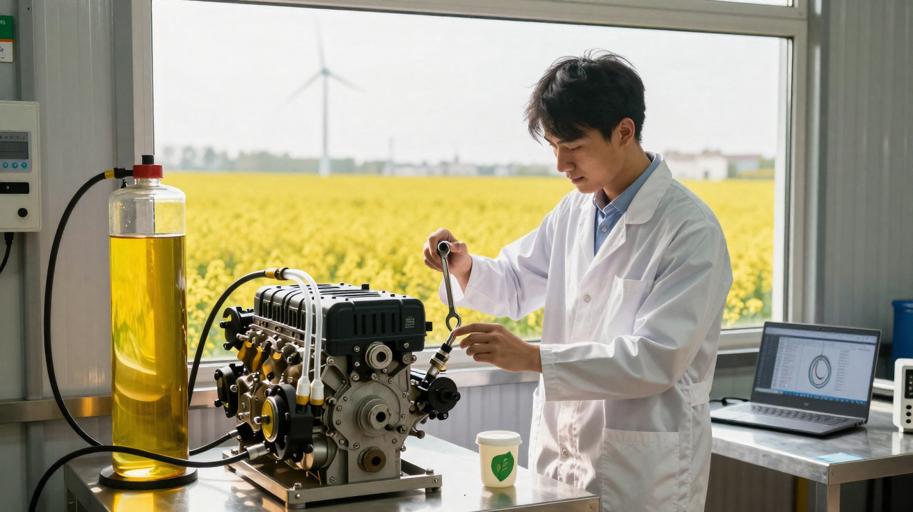 Cientista em laboratório testa motor ao lado de frasco com líquido amarelo e campo de flores amarelas ao fundo.