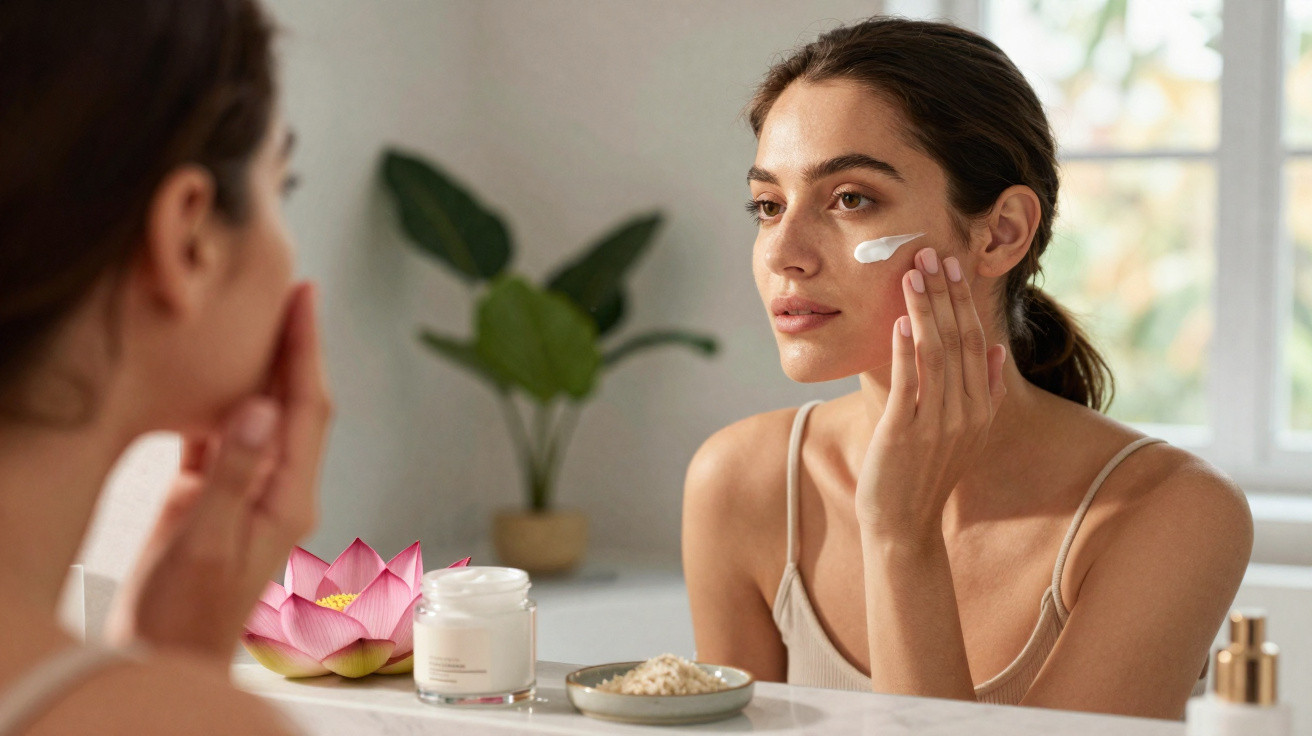 Mulher aplicando creme facial no rosto em frente ao espelho em ambiente iluminado e tranquilo.