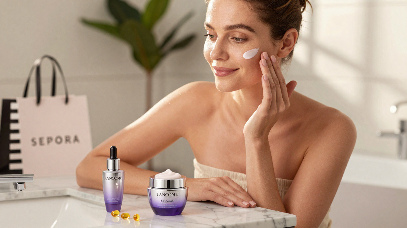 Mulher aplicando creme facial com produtos Lancôme sobre pia de mármore em banheiro iluminado.