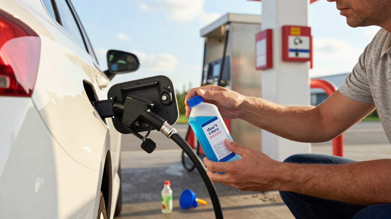 Pessoa segurando frasco de aditivo para combustível enquanto abastece carro branco em posto de gasolina.