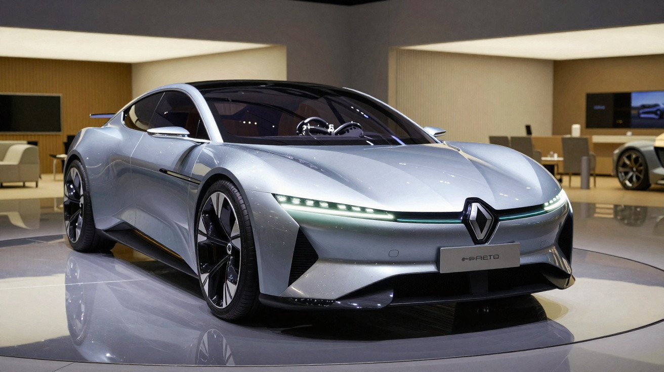 Carro conceito elétrico prata Renault e-betéo em exposição moderna com design futurista e faróis de LED.