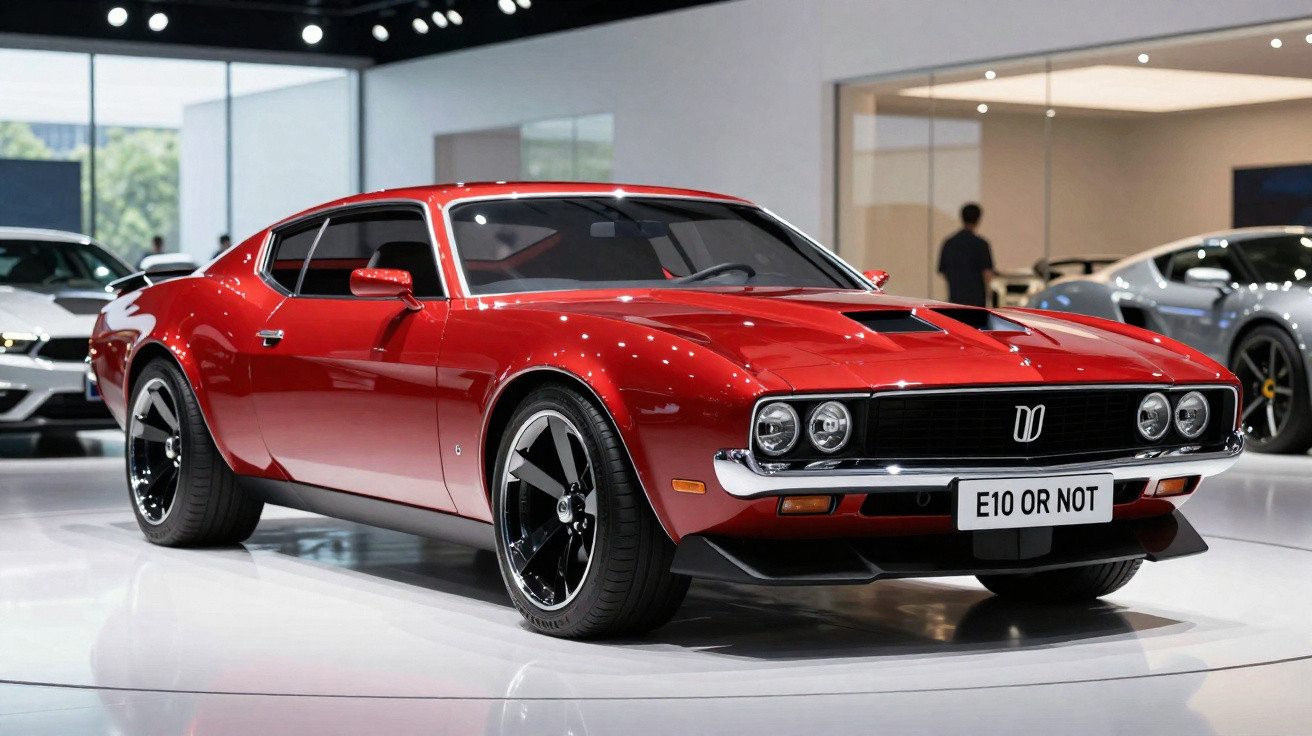 Carro esportivo clássico vermelha brilhante exibido em salão de automóveis moderno com pneus pretos grandes.