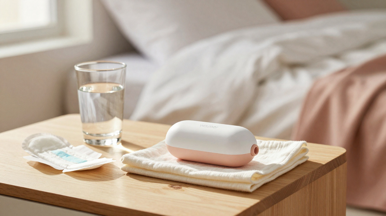 Mesa de cabeceira com copo d'água, absorvente, toalha e dispositivo branco e rosa em quarto iluminado.