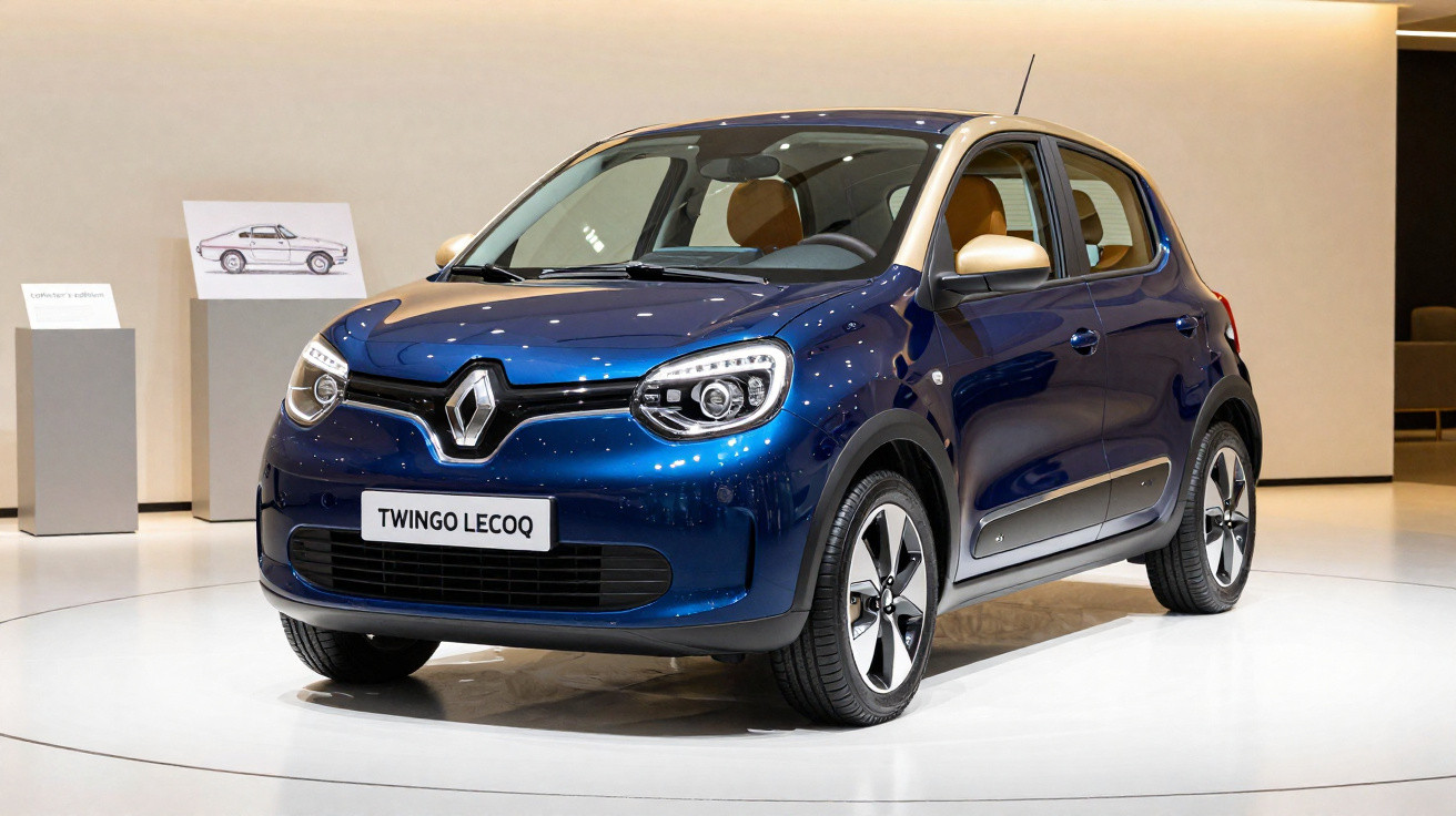 Carro Renault Twingo Lecoq azul com teto bege em exposição interna, vista frontal direita.