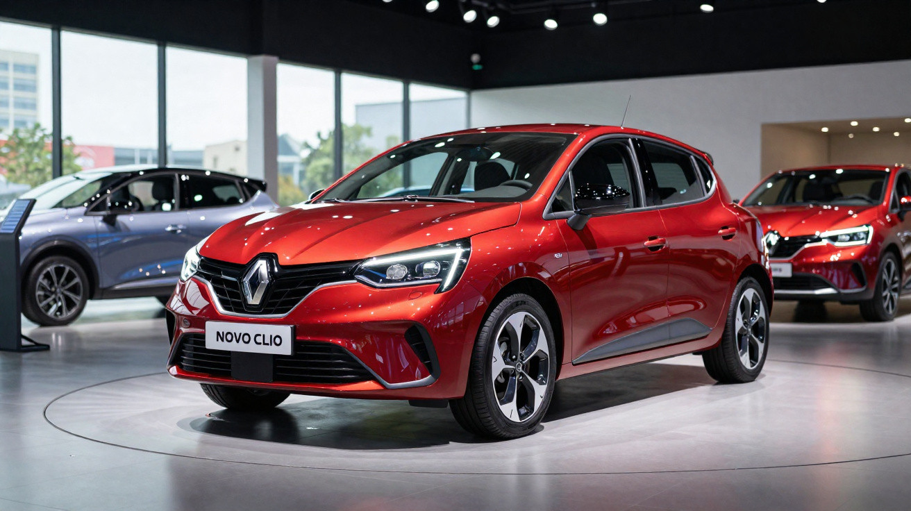 Carro vermelho Renault Novo Clio exposto em showroom moderno com outros veículos ao fundo.