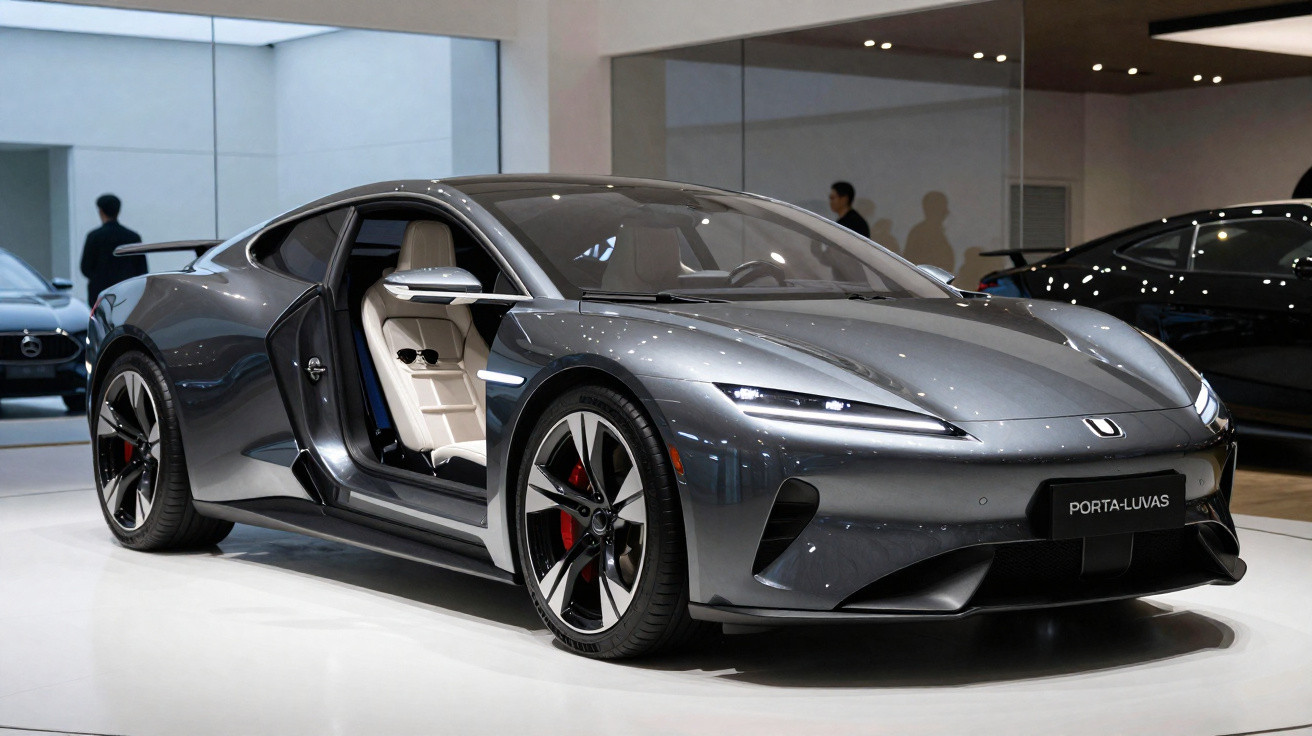 Carro esportivo cinza com porta aberta exibindo interior bege em salão de automóveis.