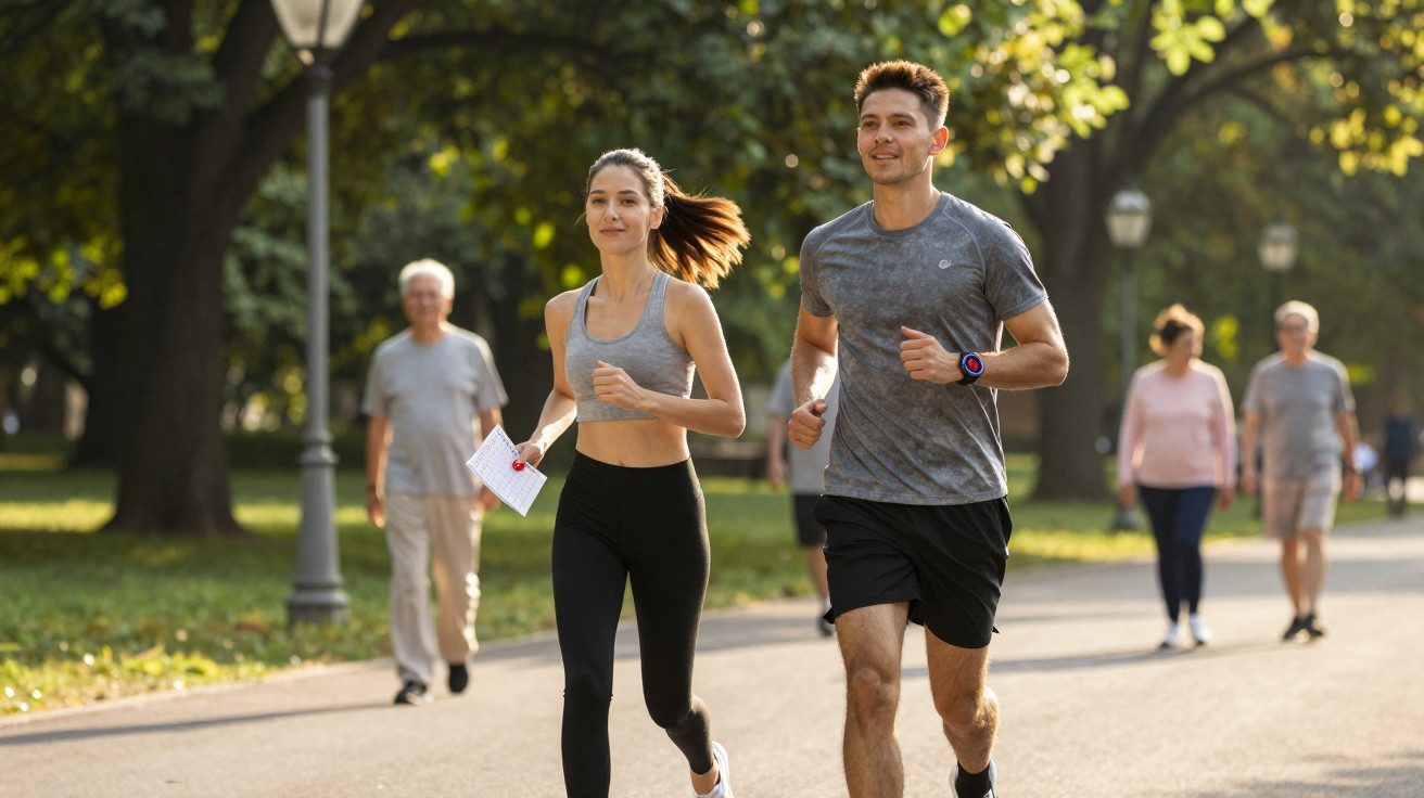 Casal jovem correndo em parque ensolarado enquanto idosos caminham ao fundo.