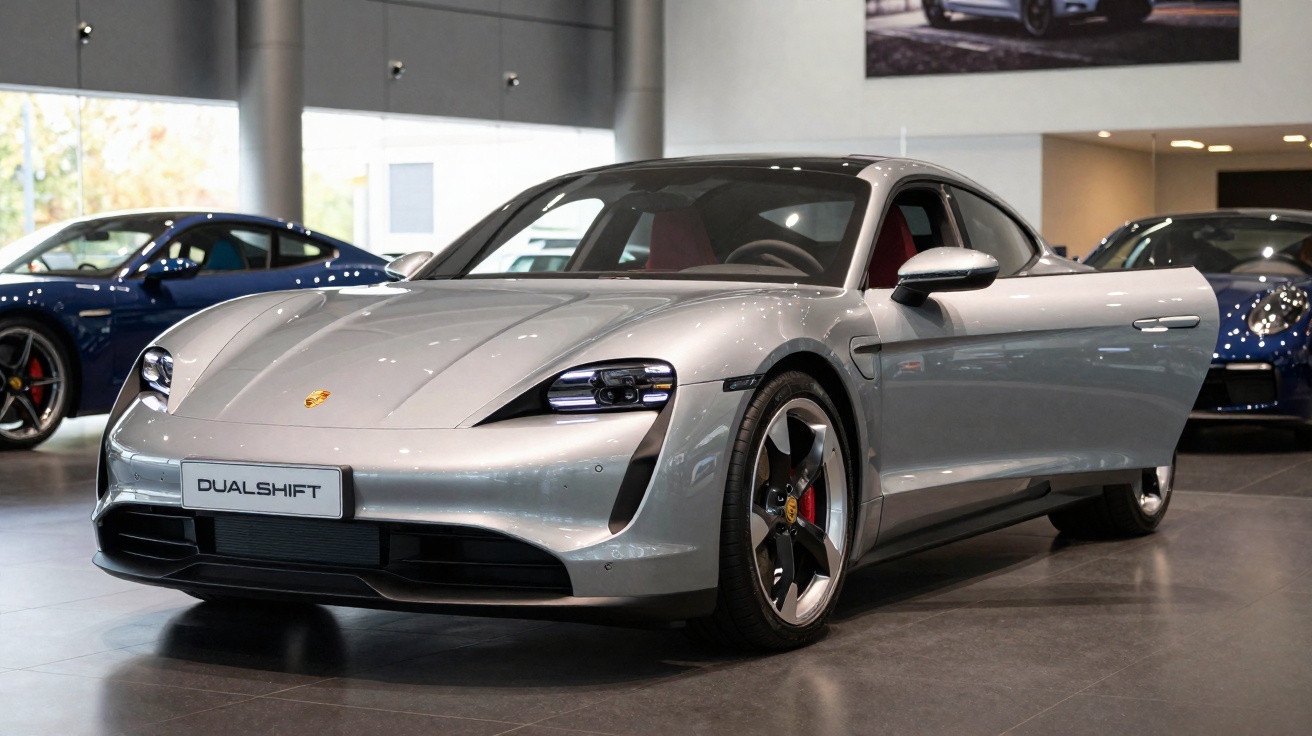 Carro esportivo prata Porsche Taycan com porta aberta em showroom moderno.