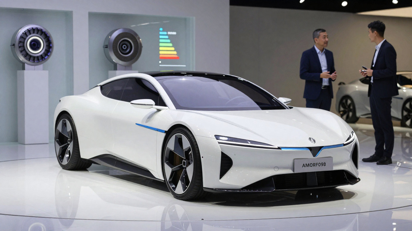 Carro esportivo elétrico branco em exposição com duas pessoas conversando ao fundo em ambiente moderno.