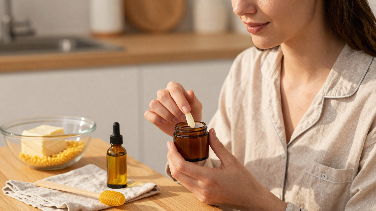 Mulher em pijama aplicando creme natural em pote de vidro na cozinha, ao lado de ingredientes naturais.