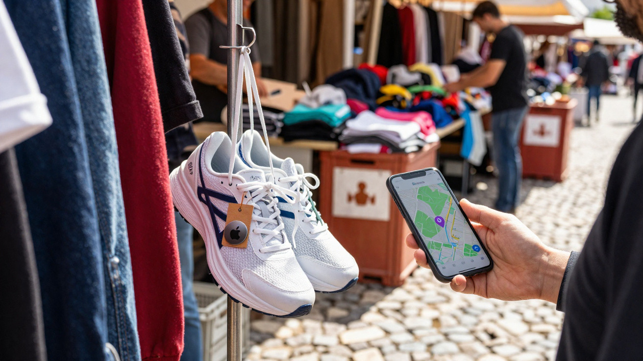 Tênis branco exposto em feira ao ar livre com pessoa segurando celular mostrando mapa no aplicativo.