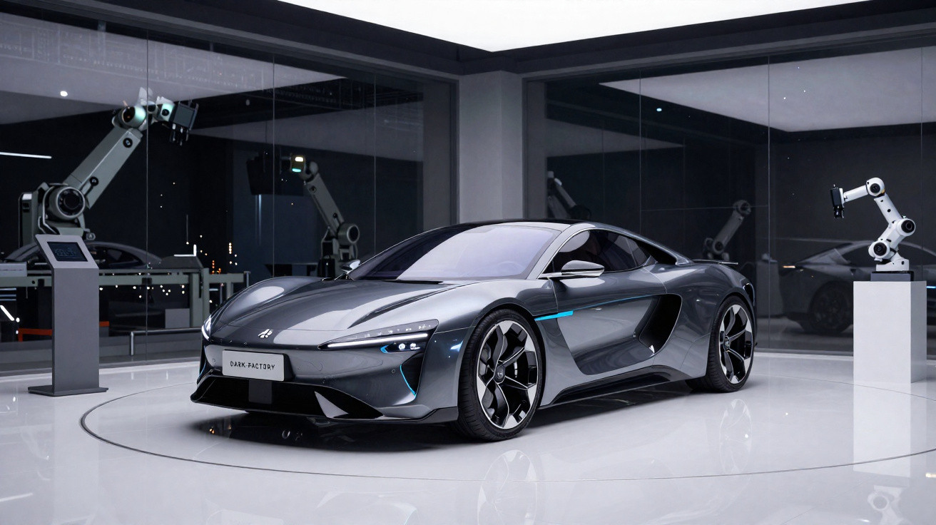 Carro esportivo cinza metálico em exposição futurista com braços robóticos ao redor em ambiente moderno e iluminado.