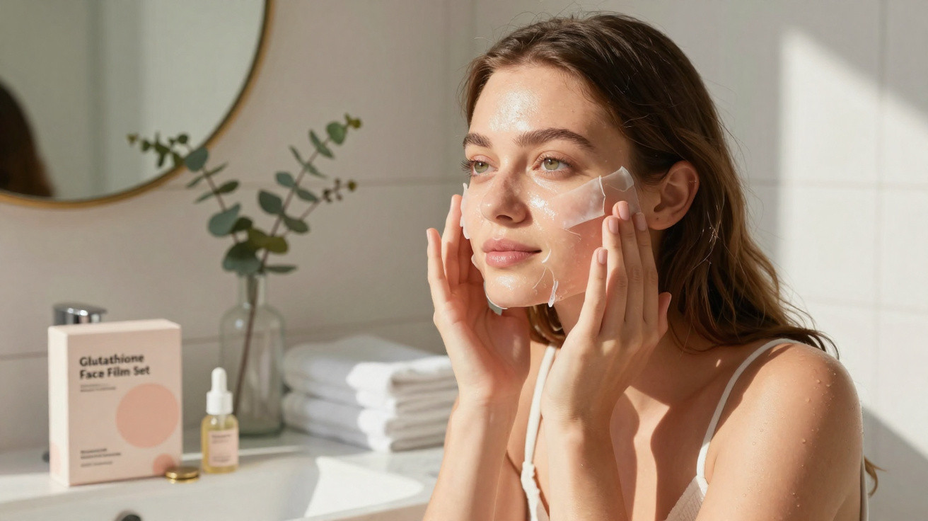 Mulher aplicando máscara facial transparente em pele em ambiente de banheiro iluminado.