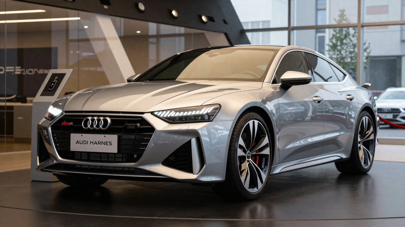 Carro Audi prata modelo esportivo exposto em showroom moderno com iluminação interna.