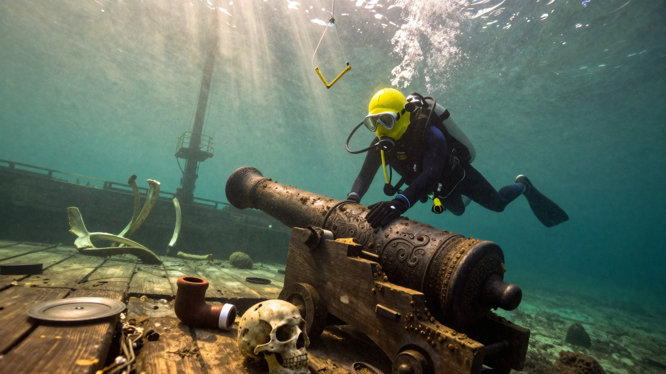 Mergulhador inspeciona canhão antigo em naufrágio com ossos humanos e objetos submersos ao redor.
