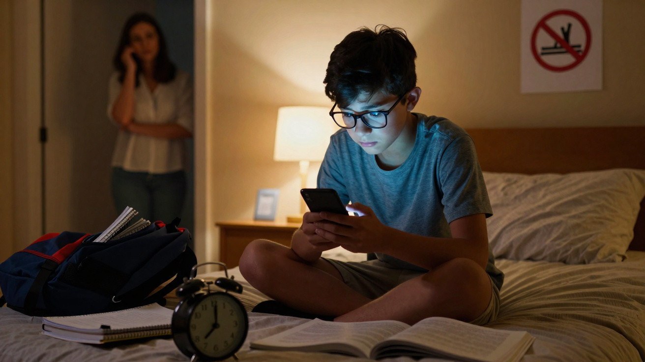 Adolescente sentado na cama usando celular, com livros abertos e mãe observando ao fundo, ambiente noturno.