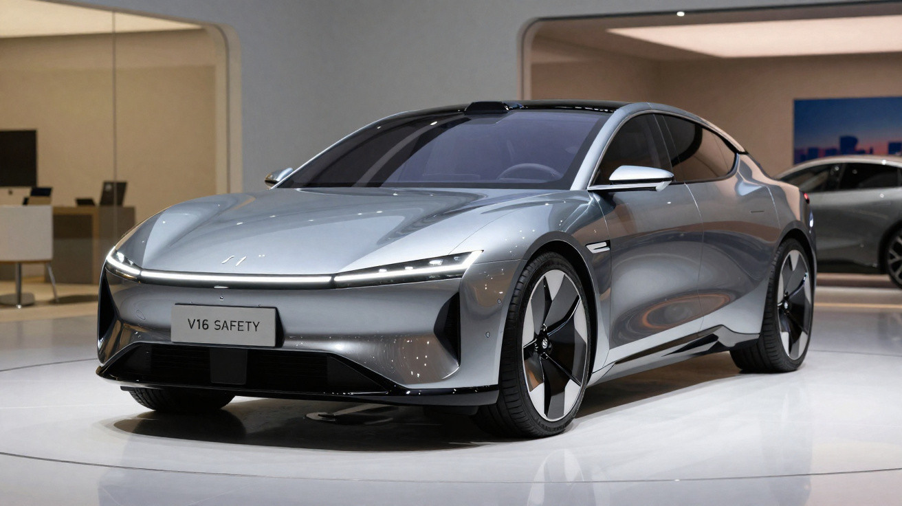 Carro elétrico cinza prata futurista exposto em ambiente interno moderno e bem iluminado.