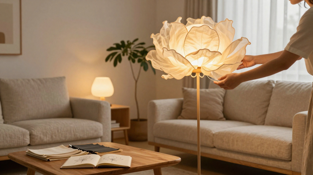 Pessoa ajusta abajur com cúpula em formato de flor em sala de estar aconchegante com sofá e mesa de madeira.