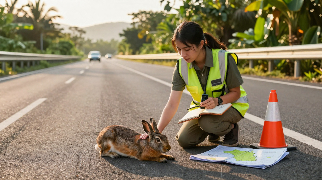 Mulher de colete refletivo examinando um coelho em uma estrada com mapas e cone de trânsito ao lado.
