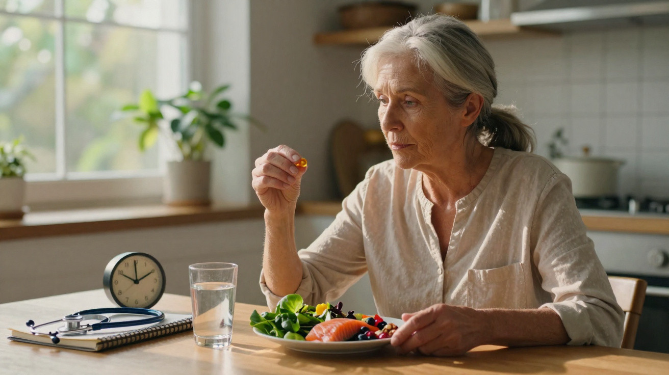 Mulher idosa sentada à mesa olhando para um suplemento com prato de comida saudável à sua frente.