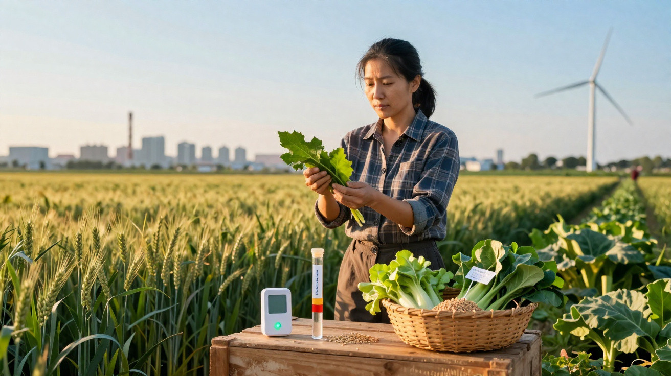 Mulher inspecionando folhas verdes em campo agrícola com equipamentos e cesto de vegetais à frente.