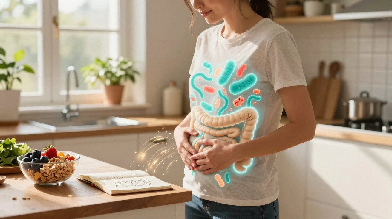 Mulher em cozinha tocando a barriga com ilustrações digitais do sistema digestivo sobre a camiseta.