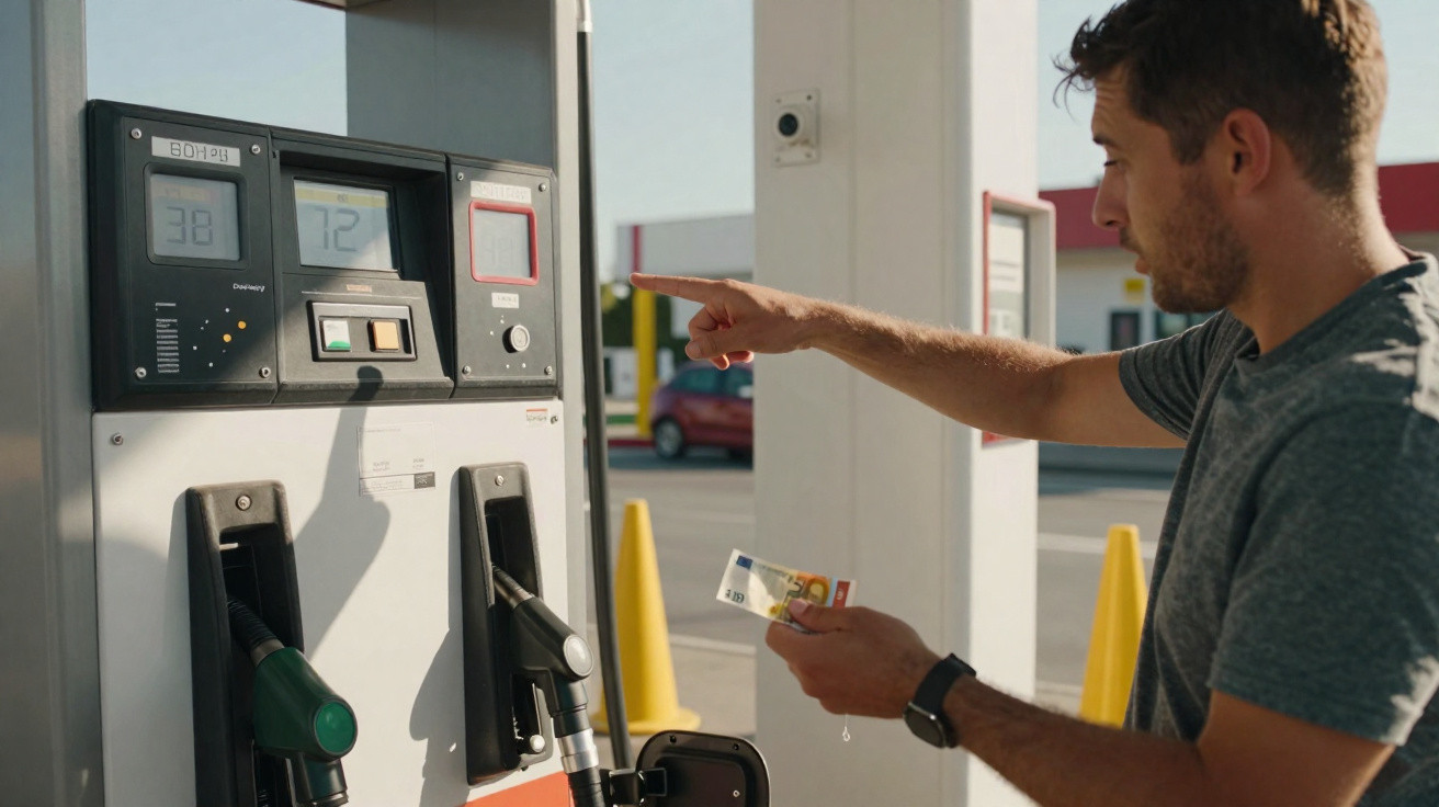 Homem usando camiseta cinza aponta para bomba de combustível enquanto segura notas de dinheiro em posto de gasolina.
