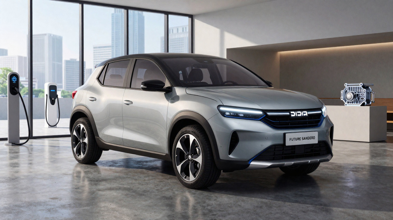 Carro elétrico cinza estacionado em ambiente moderno com carregadores e vista urbana ao fundo.