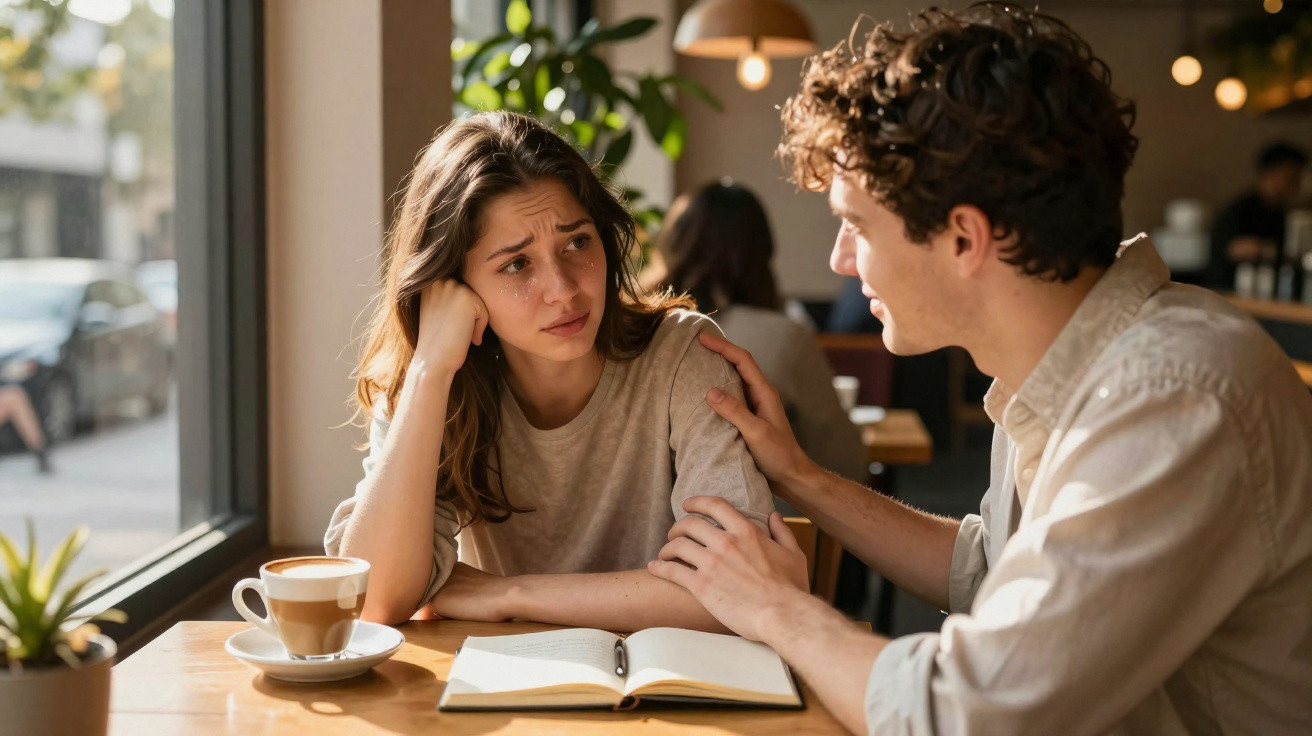 Mulher triste sendo consolada por homem em cafeteria, com livro aberto e café na mesa.