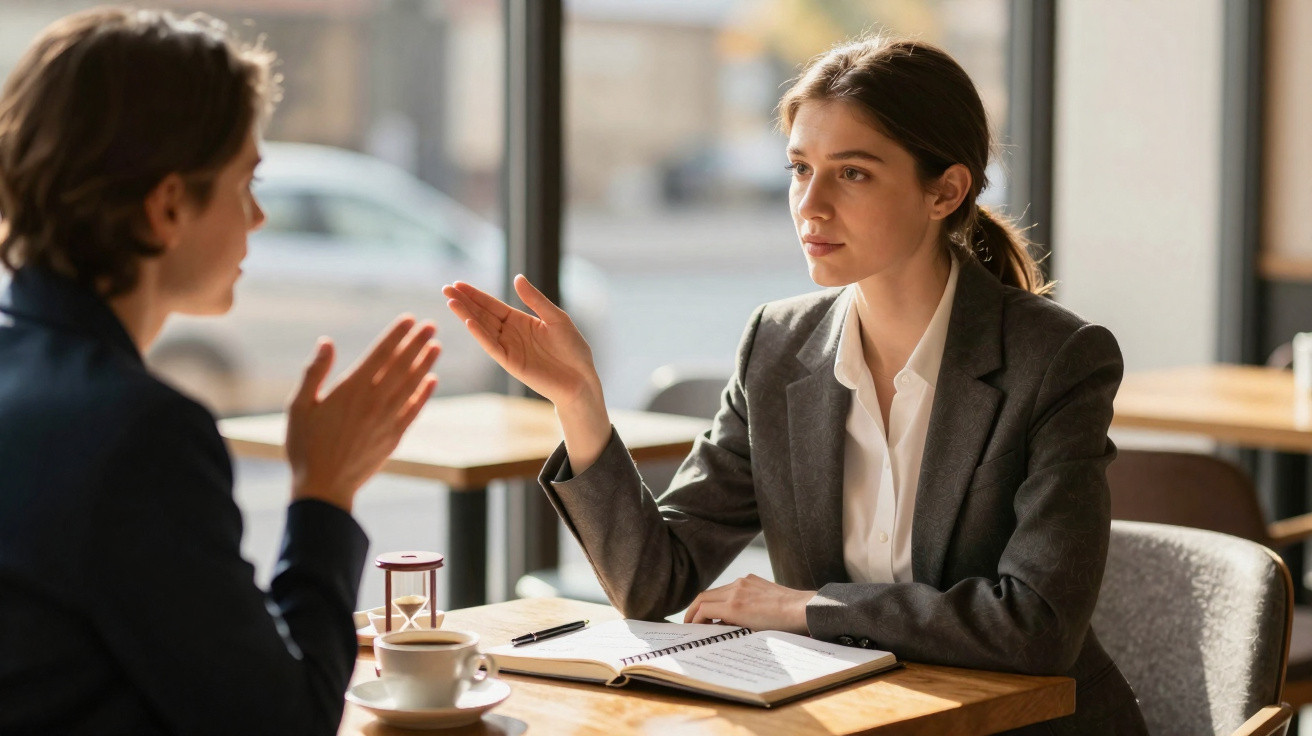 Duas mulheres conversando em uma mesa de café, uma usando terno cinza falando e outra gesticulando.
