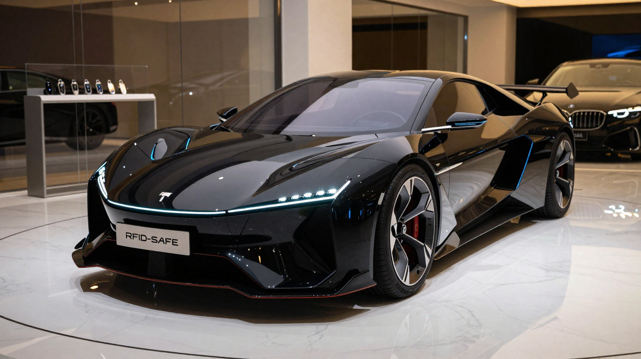Carro esportivo preto com design futurista exposto em showroom com piso branco e iluminação interna.