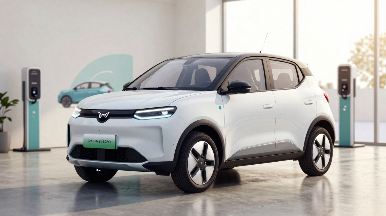 Carro elétrico branco estacionado em garagem moderna com estações de recarga ao fundo.