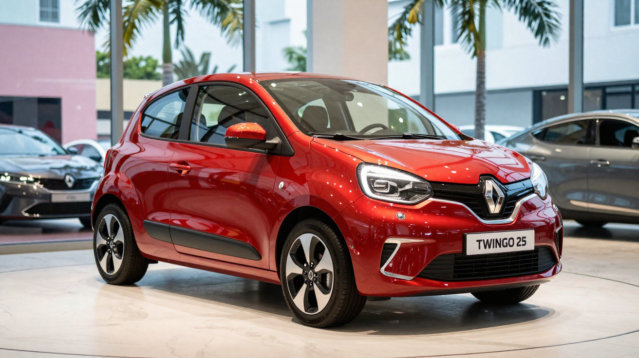 Carro hatchback vermelho Renault Twingo 25 em exposição interna com plantas ao fundo.