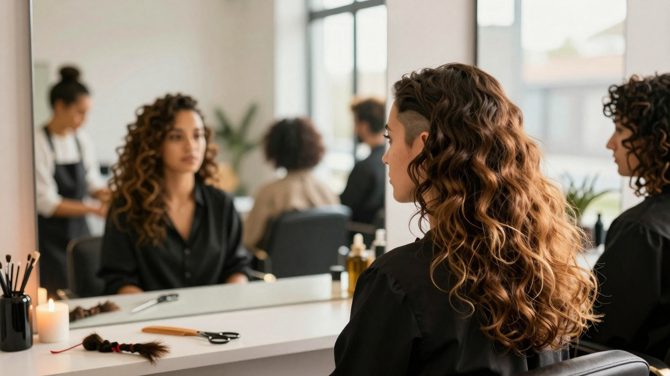 Mulher com cabelo cacheado longo sentada em salão de beleza olhando seu reflexo no espelho.