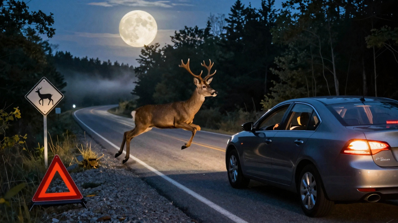 Veado cruzando estrada à noite com lua cheia, carro parado e sinais de aviso de animais.