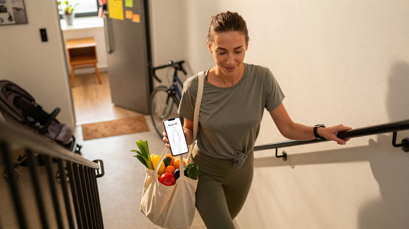 Mulher sobe escada com sacola de legumes e frutas, olhando para celular na mão.